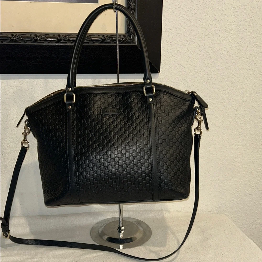 Gucci Microguccissima 2way Shoulder Tote Bag Black Leather Handbag +COA